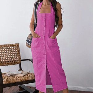 Tied Halter Open Back Cotton Linen Midi Dress